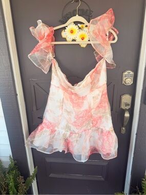 Source Unknown Sheer Floral Mini Dress in Pink & White